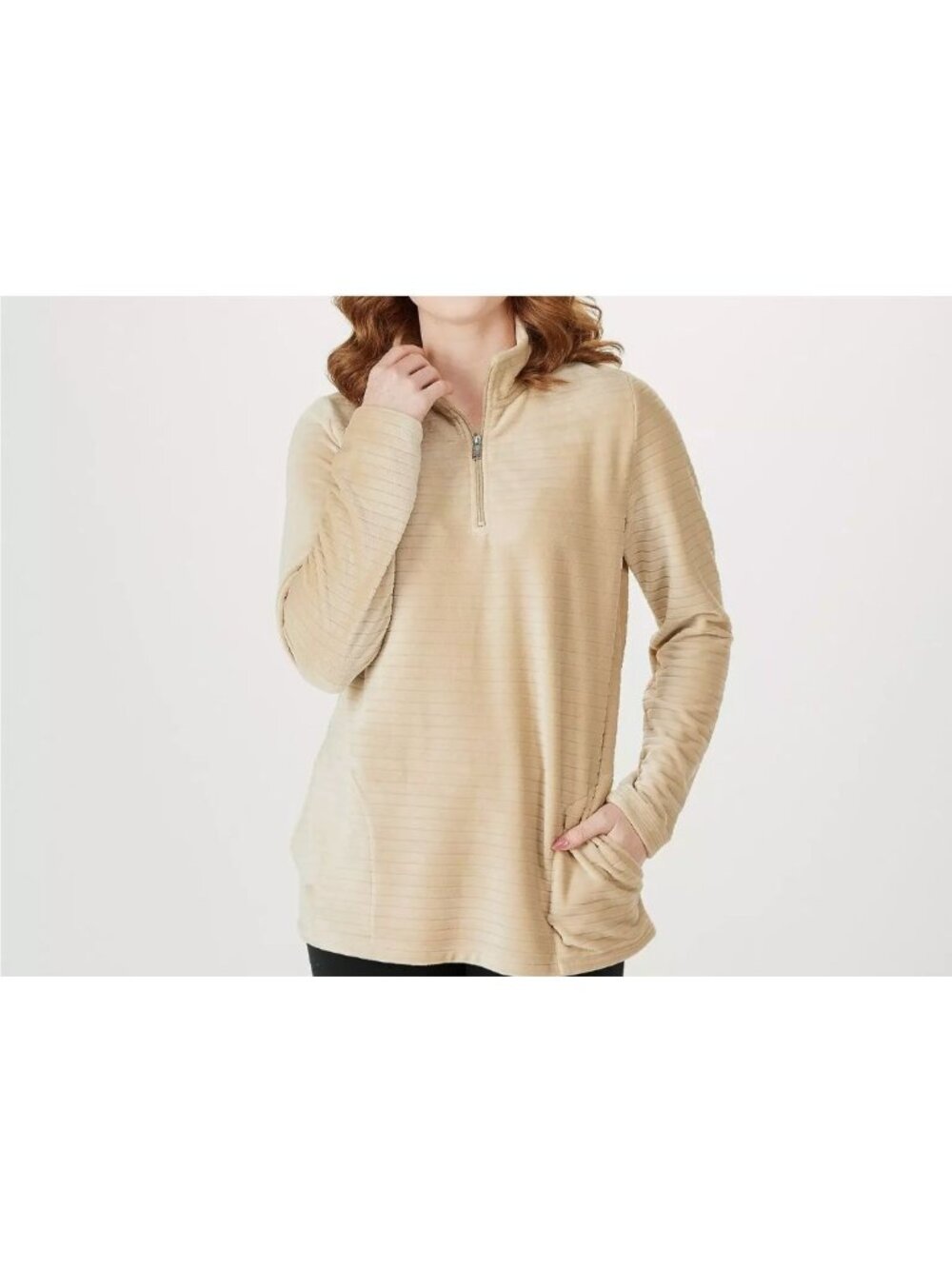 Denim and Co Pullover Size XS Comfort Zone Textured Velour Half Zip Oat Milk NEW